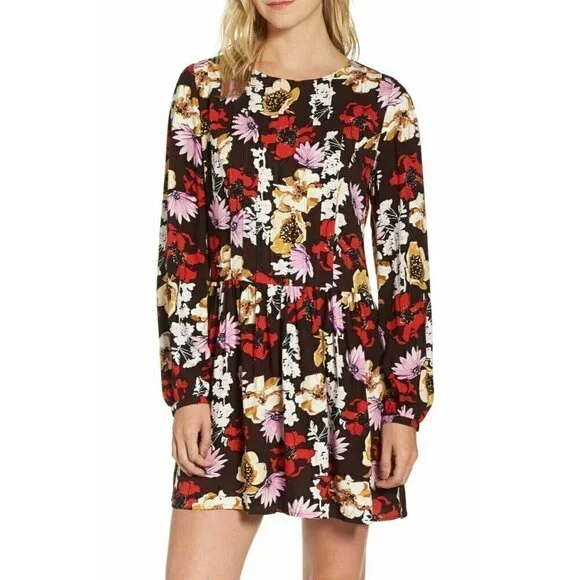 Hinge Women's Pintuck Floral Burgundy Fudge Wild Bouquet Mini Dress Size S - Picture 3 of 16